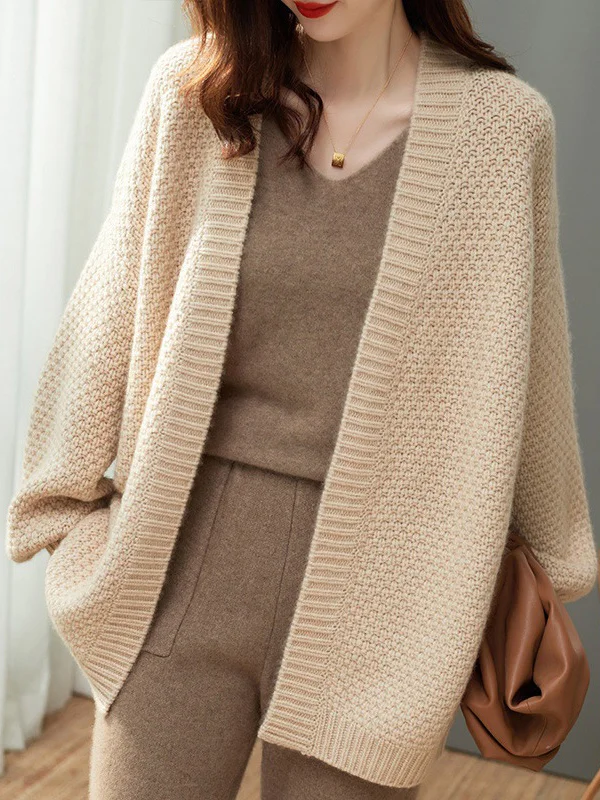 Long Sleeves Loose Solid Color Collarless Cardigan Tops