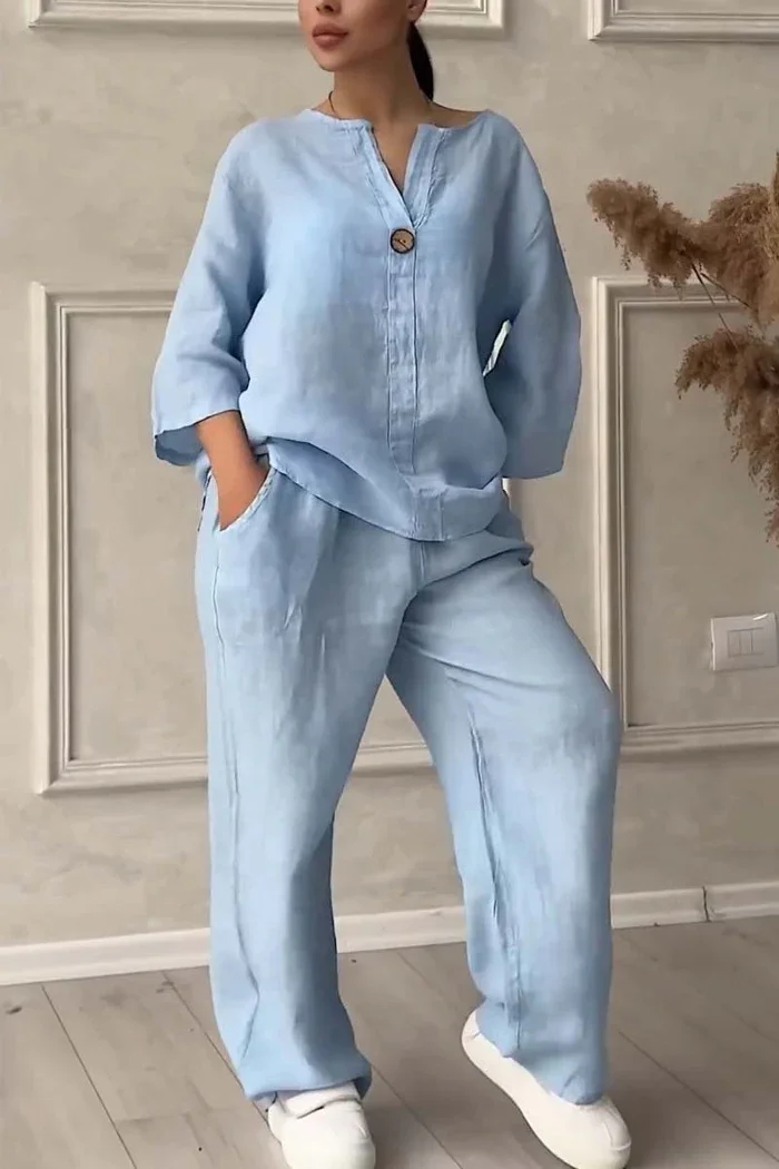 Women's 2-piece set Large size cotton and linen shirt suit High waist loose trousers socialshop