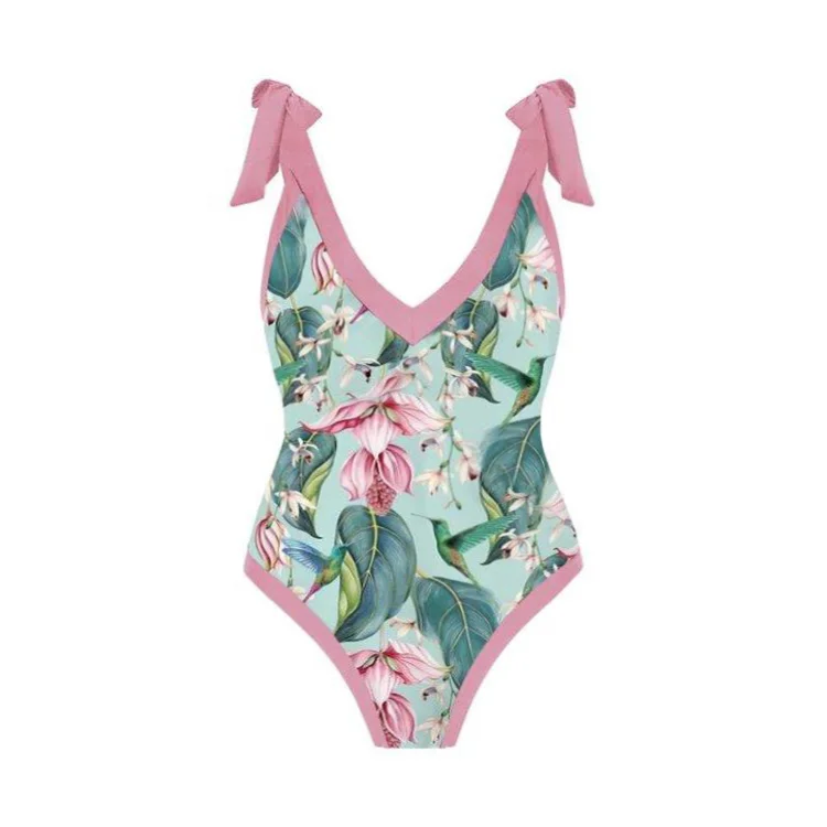Flaxmaker Plus Size Bowknot Tie-shoulder Printed One Piece Swimsuit