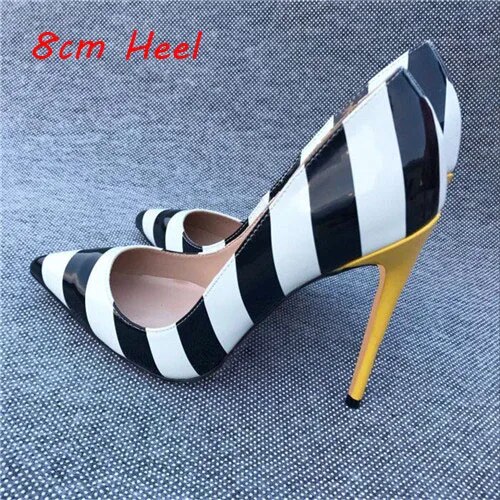 VCshoes Wide Stripes Ladies Shallow 12cm High Heels Pumps Ladies Dress Party Wedding Club Women Shoes QP056
