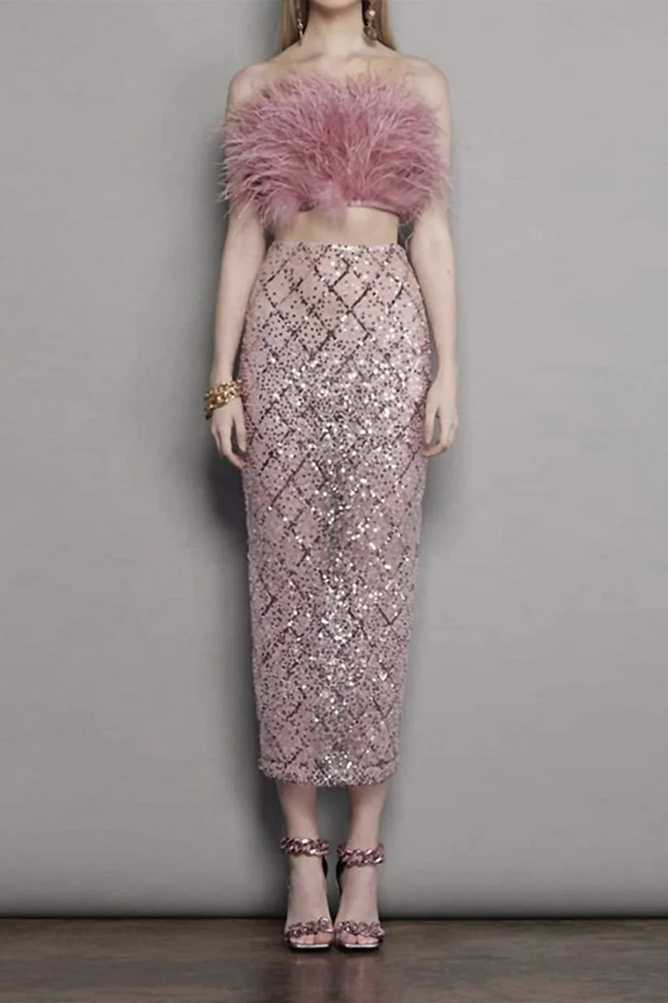 Feather Tube Top Sequin Two Pieces Skirt Set-Pink