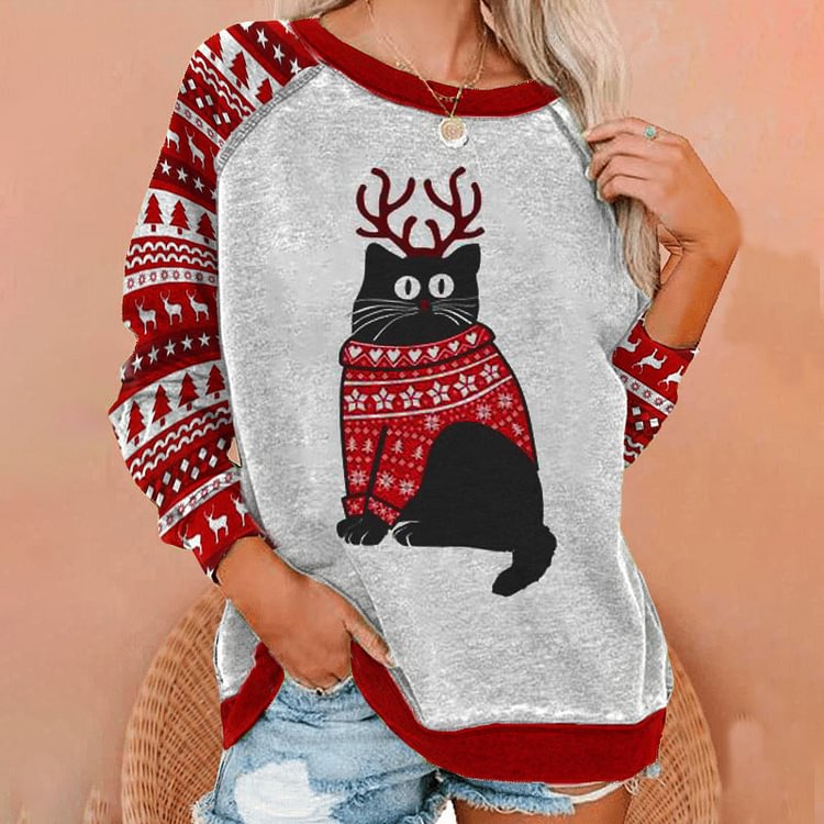 Vefave Christmas Elk Cat Print Sweatshirt