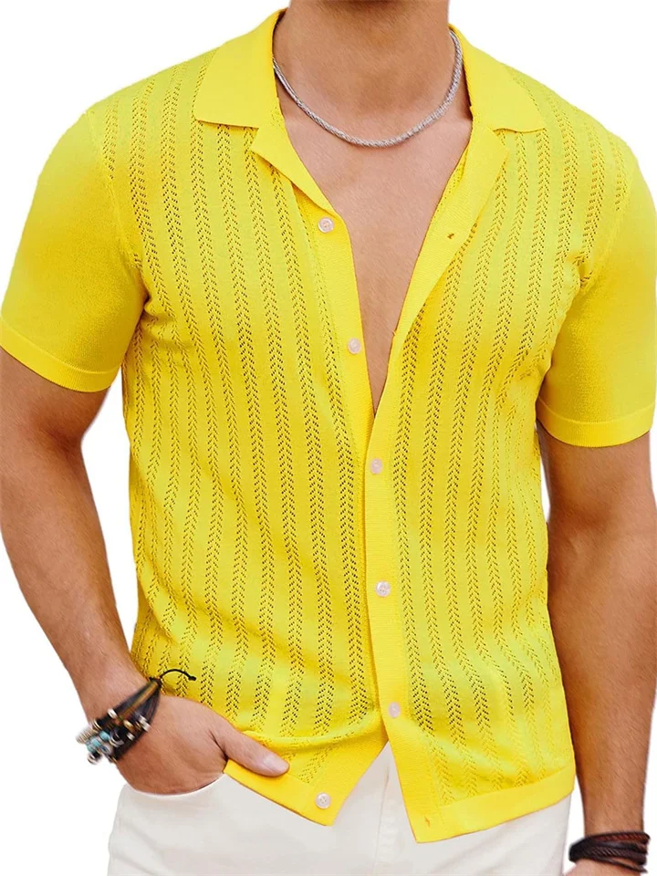 Summer New Short-sleeved Men's Fashion Knitted Hollow Breathable Cool Shirt Men's Casual Shirt
