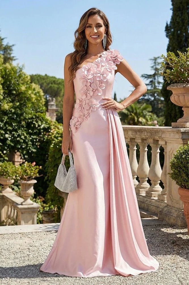 Daisda Pink One Shoulder Evening Dress in Satin with Flower and Side Train
