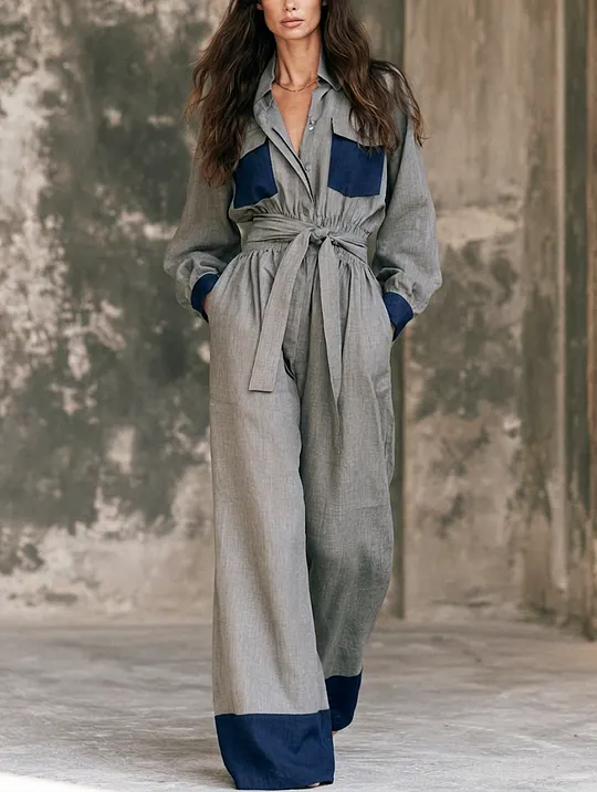 Women's Casual Grey Cotton-linen Long-sleeve Jumpsuit MD
