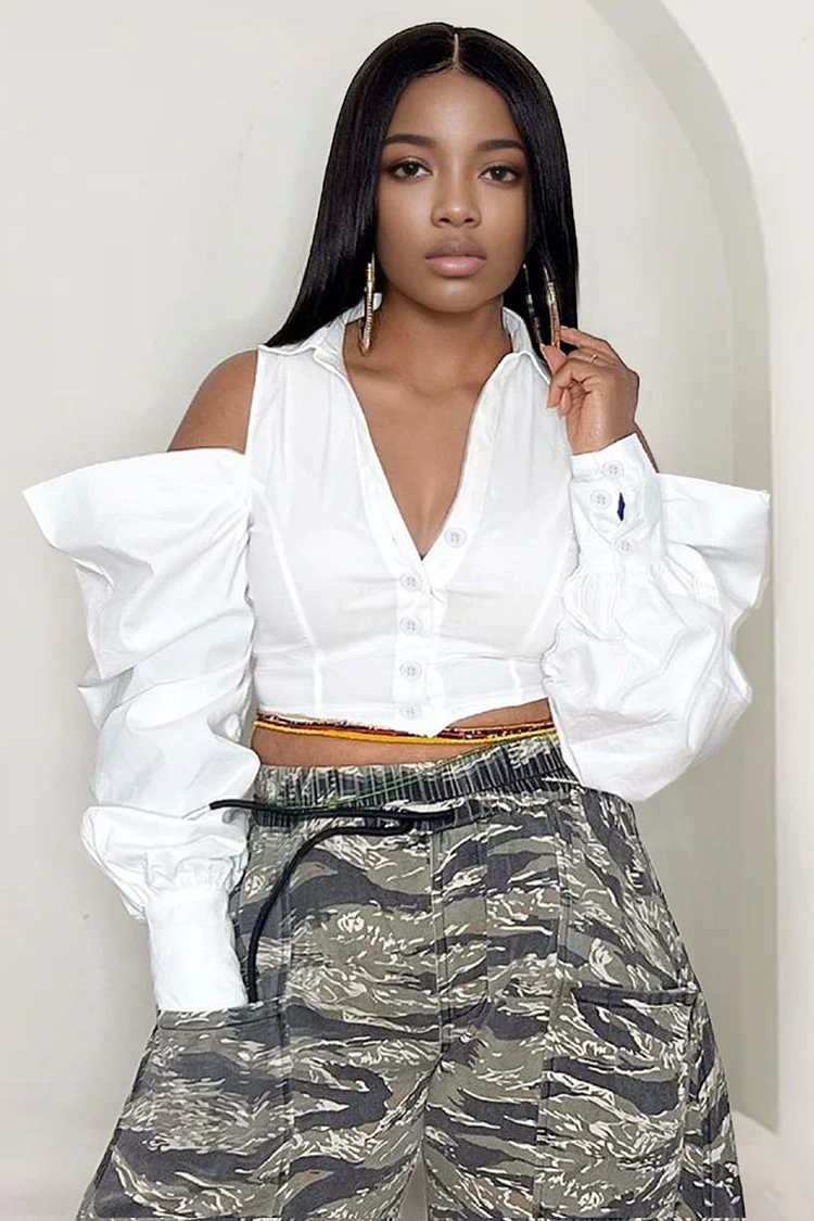 Cold Shoulder Long Sleeve Button Up V Neck Crop Blouse