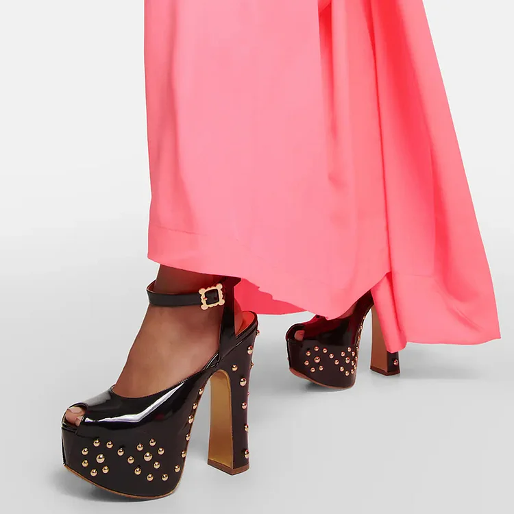 Black Key Hole Studs Pumps Women'S Platform Chunky Heels Ankle Strap Shoes |FSJ Shoes