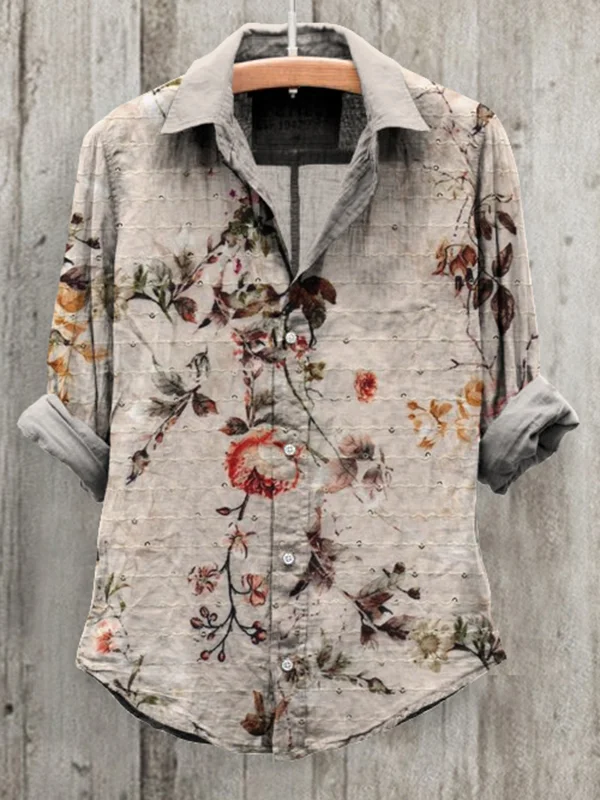 Women's Drawing Floral Blossom Art Print Long Sleeve Cotton And Linen Shirt