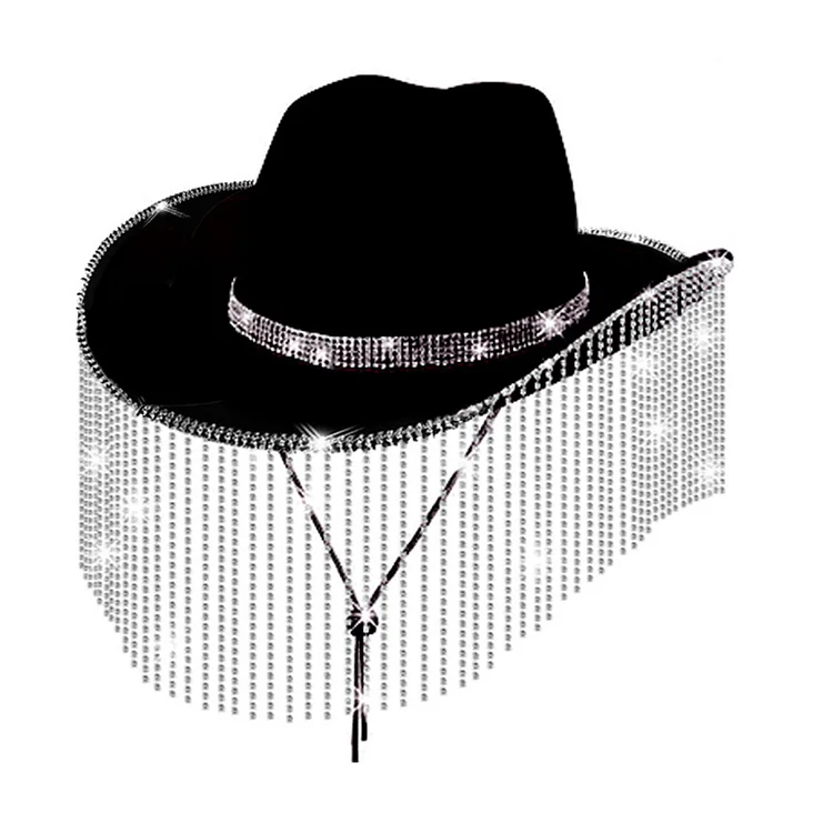 Party Rhinestone Fringe Cowboy Hat-Black