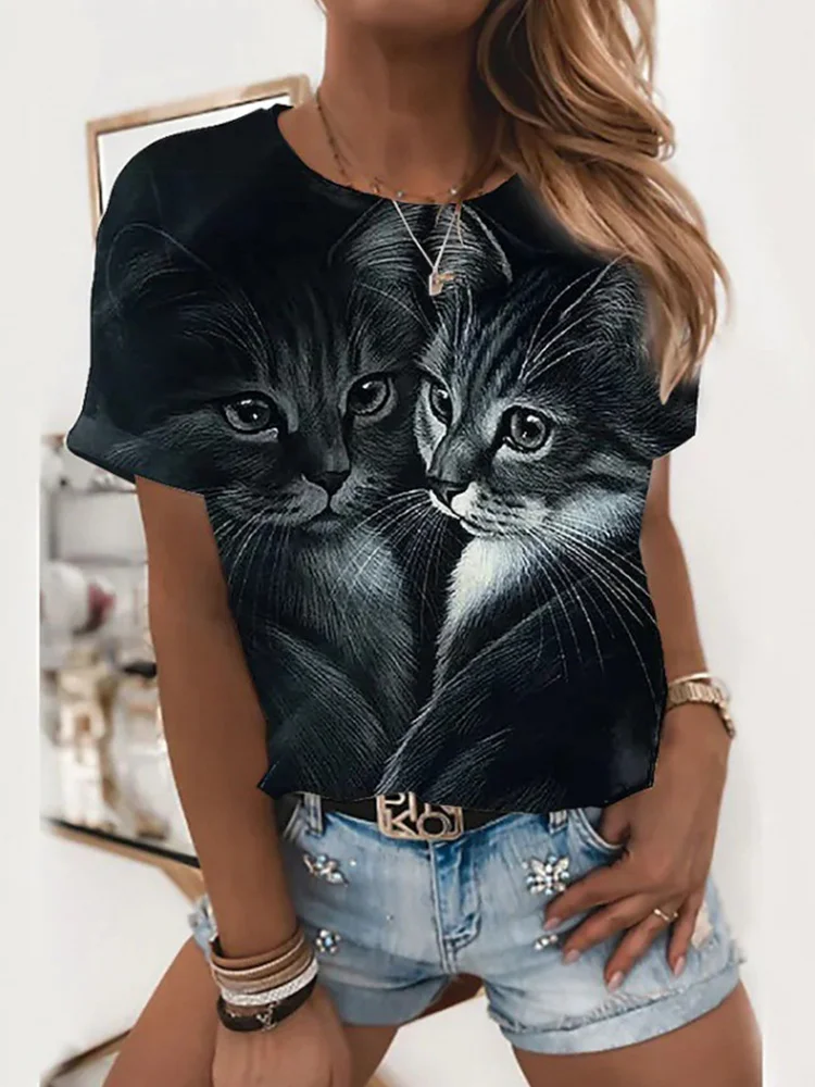 Lovely Cat Print Casual Tee