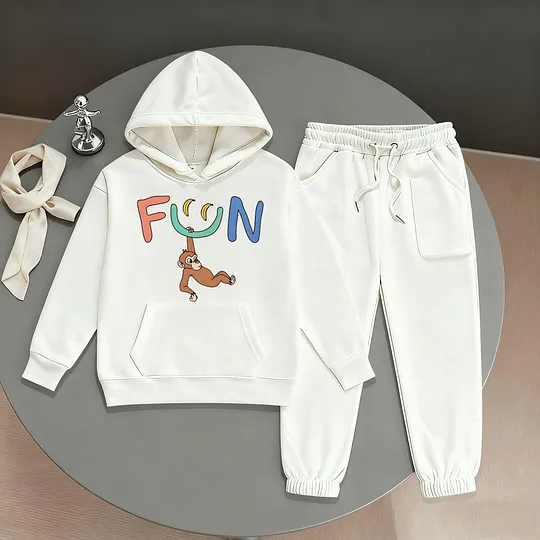 【2Y-13Y】Festive Fleece-Lined Hoodie And Jogger Set With Fun Banana Monkey Cartoon Design For Kids
