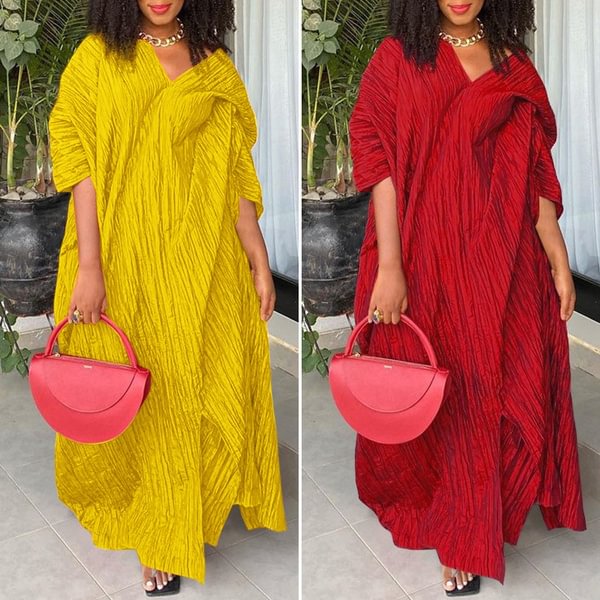 VONDA Party Women Fashion V Neck Pleated Long Maxi Dresses Baggy Half Sleeve Solid Color Vestido Robes Longue Plus Size - BlackFridayBuys