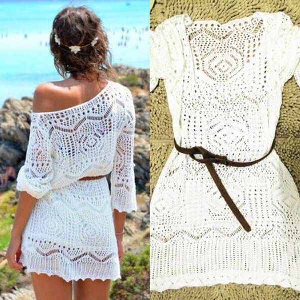 Fashion Womens White Summer Boho Sexy Lace Hollow Knit Bikini Swimwear Cover Up Crochet Beach Mini Dress Tops Blouse - BlackFridayBuys