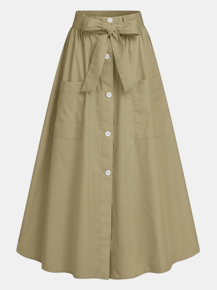 Solid Color Button Pocket Knotted Long Casual Skirt for Women