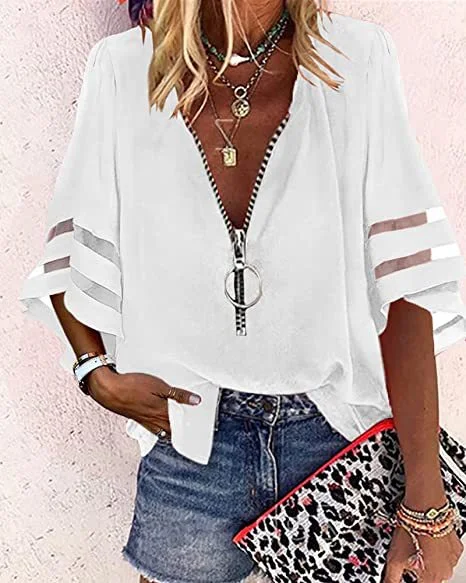 Casual V Neck Bell Sleeves Paneled Hollow Out Chiffon Blouse P110164