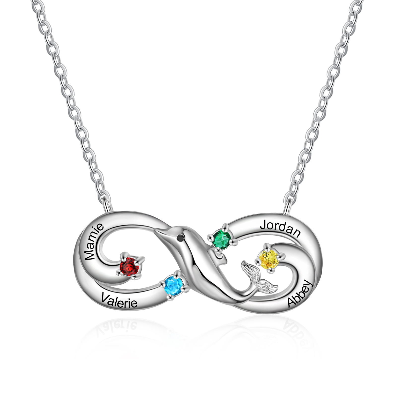 Personalised Infinite Dolphin Necklace With 4 Birthstones Custom Names