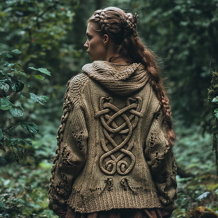 Women's Celtic Knot Retro Cozy Knit Hooded Cardigan