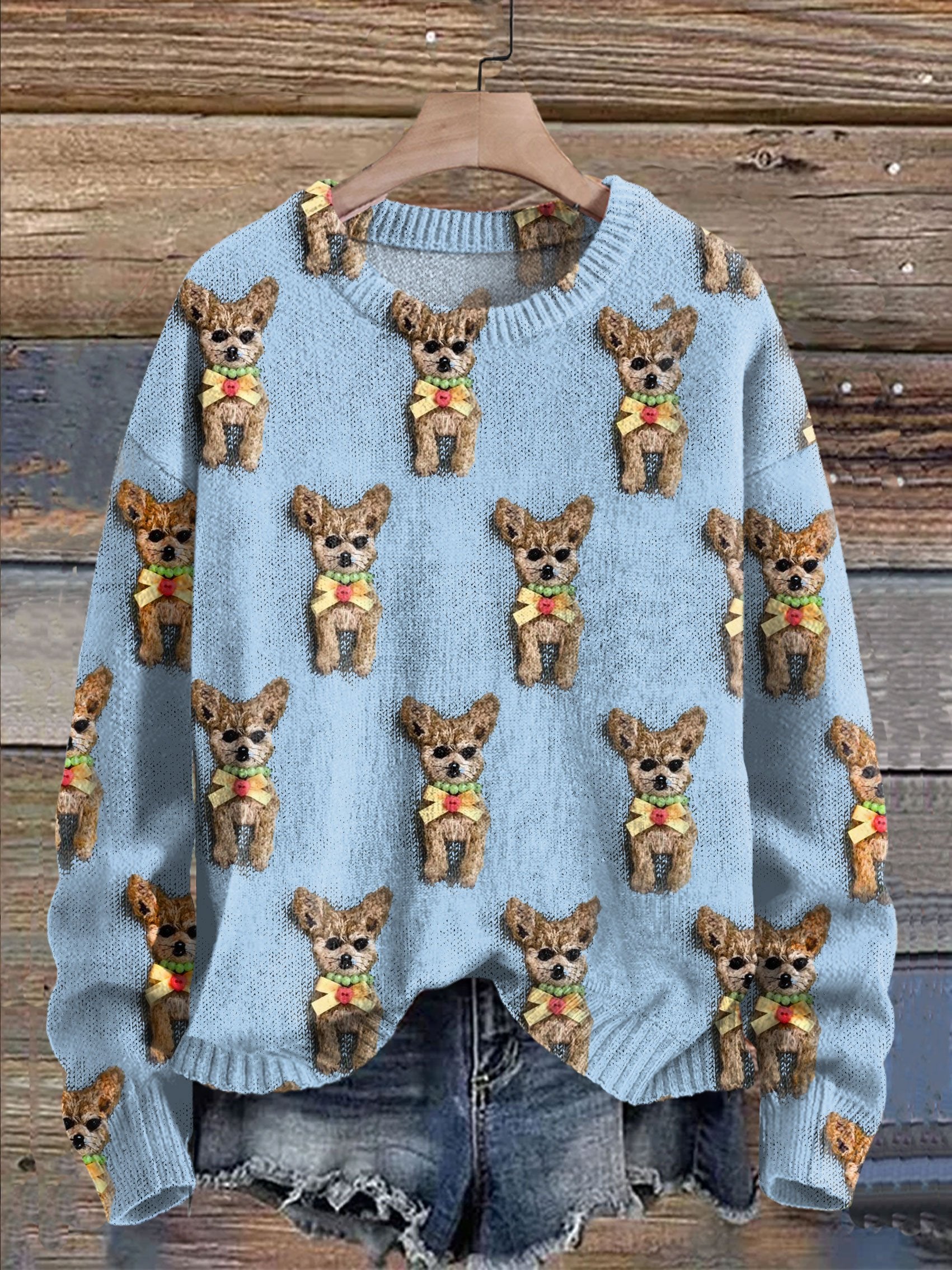 Cute Dog Print Knit Pullover Sweater