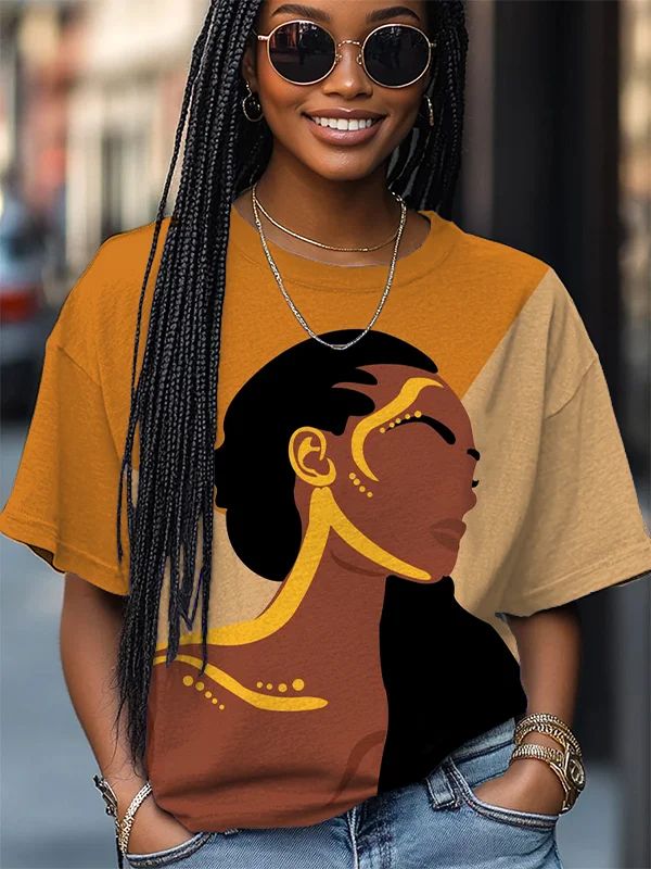 Women's Elegant African Female Silhouette Color Block Art Print Casual T-Shirt