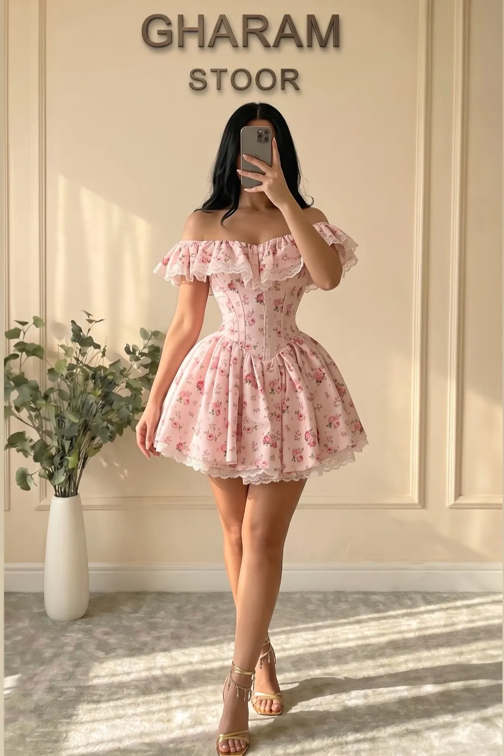 pink off the shoulder homecoming dress Romantic Blushing with Lace Ruffle Floral Print BFLEVEL1