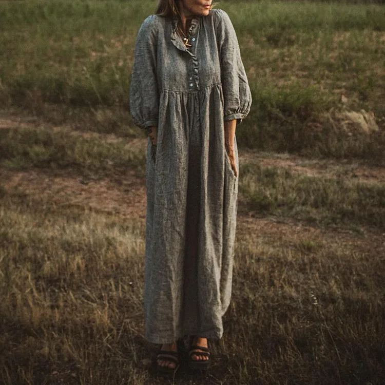 Casual Loose Ruffled Button Gathered Maxi Dress
