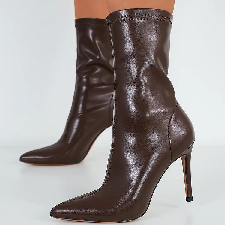 Pointed Toe Stiletto High Heels Boots Stretchy Mid Calf Booties