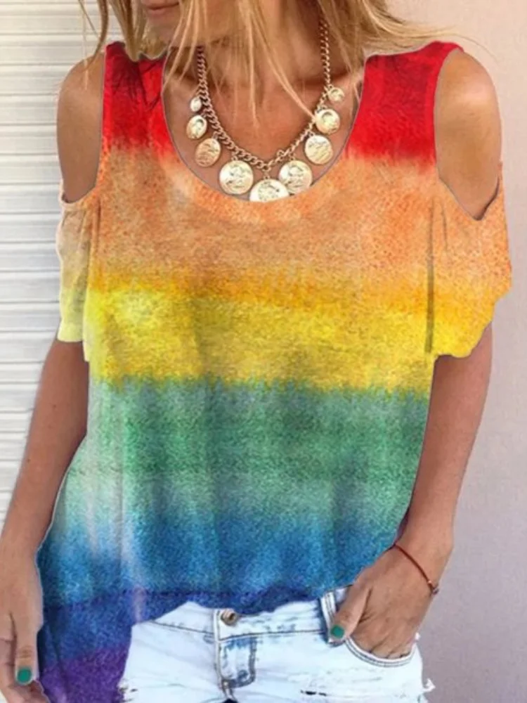 Rainbow Watercolor Hollow Shoulder T Shirt