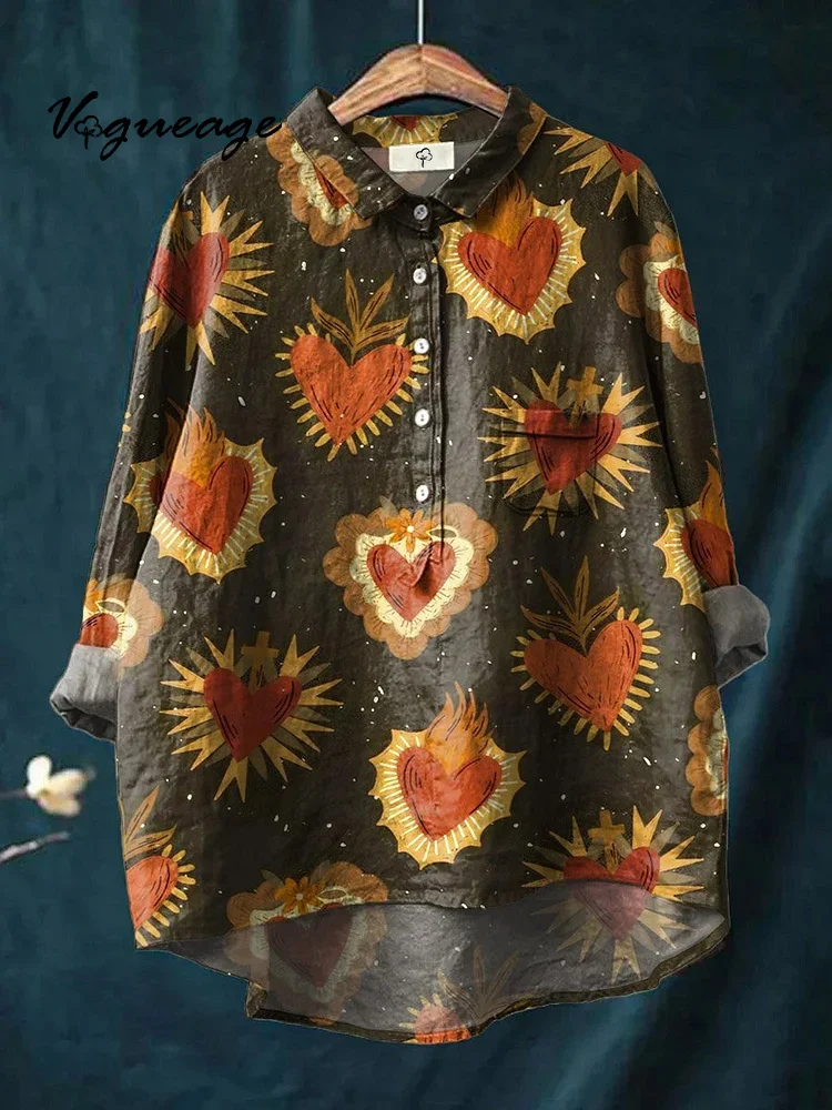 Simple Creative Fashion Love Heart Print Cotton And Linen Shirt