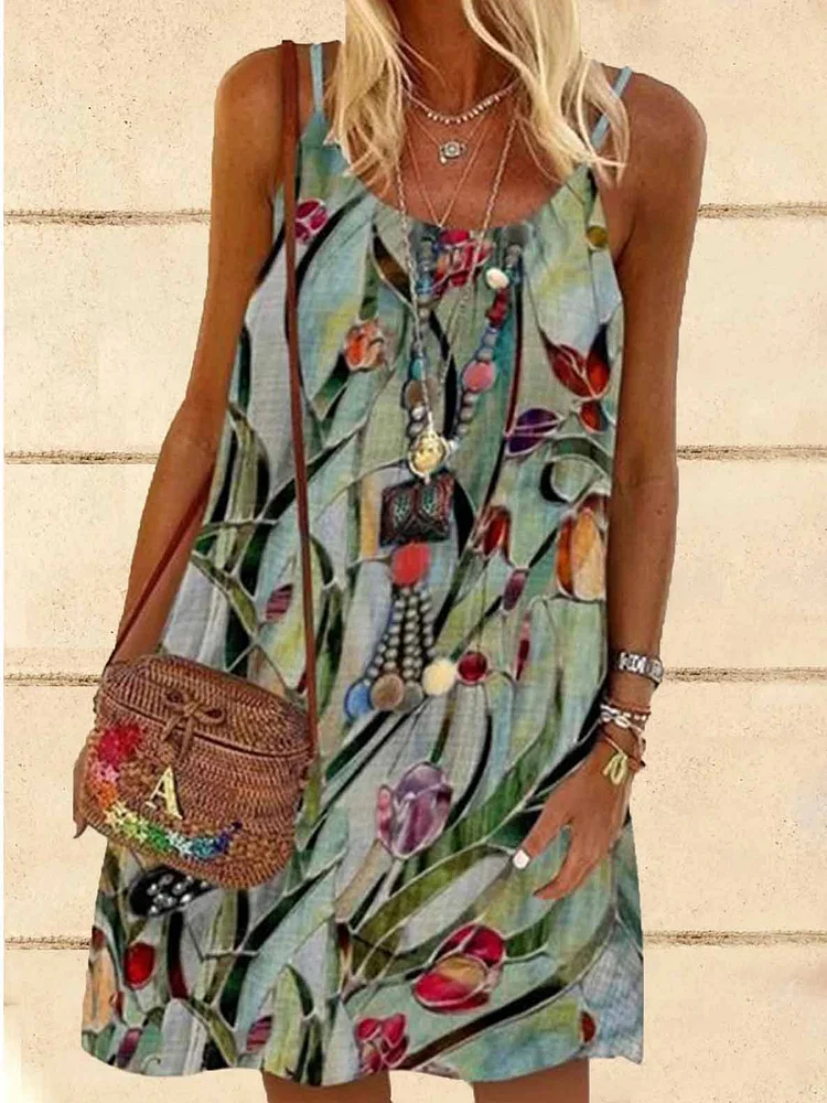 Women Chic Plus Size Vintage Boho V Neck Spaghetti-Strap Shift Dresses-Mayoulove