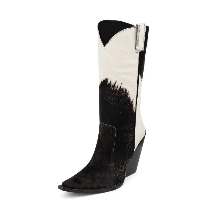 Black White Patchwork Chunky Heel Mid Calf Boots Western Cowboy Boots Rider Boots Vdcoo