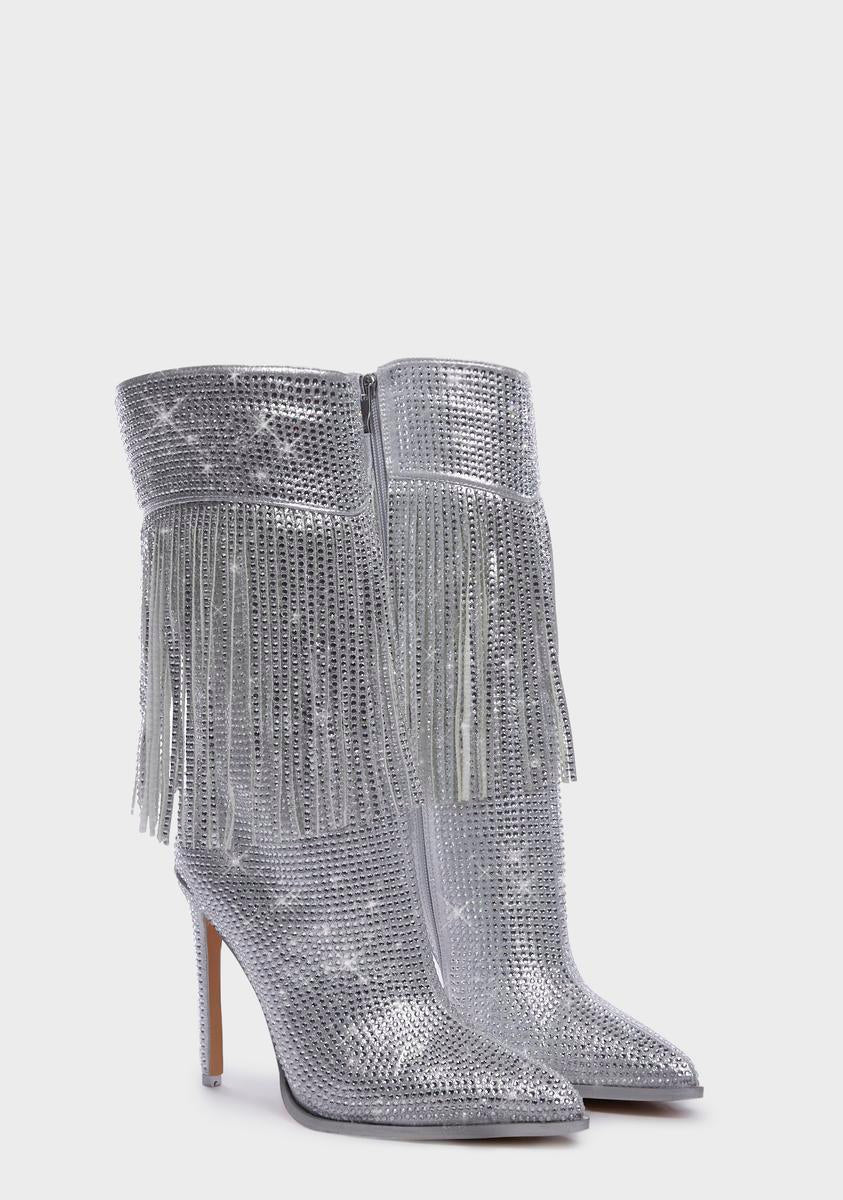 VCSHOES Luxcury Women Shoes Crystal Fringe Stiletto Boots Pointed Toe Silver Mid Calf Boots Women Boots Party Shoes 44