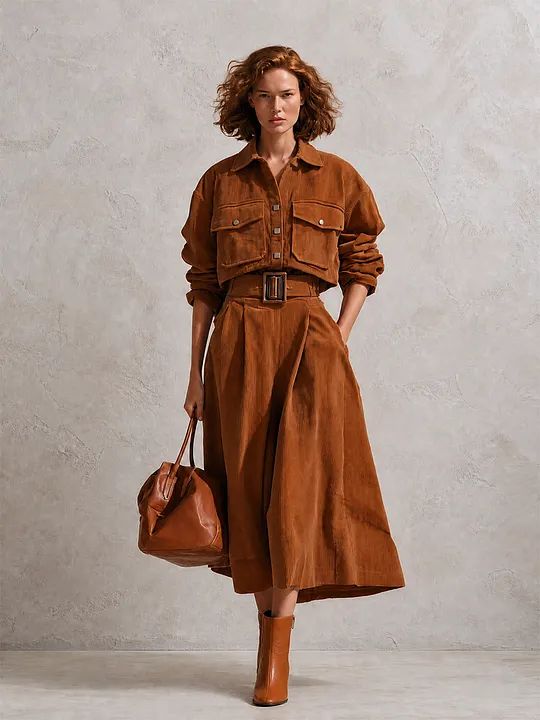 Women's Vintage Corduroy Collared Dropped-Shoulder Long-Sleeve Cropped Jacket & Belted High-Waisted A-Line Midi Skirt Set MD