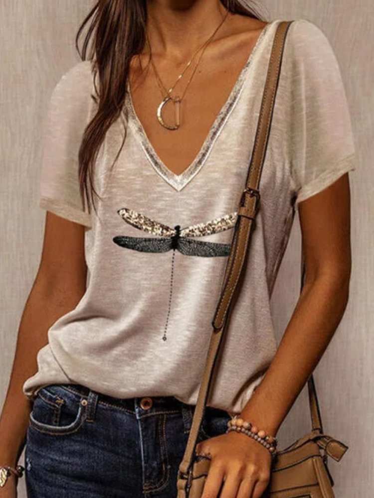 Loose Stitching Printing V Neck Short Sleeved T Shirt P181736325