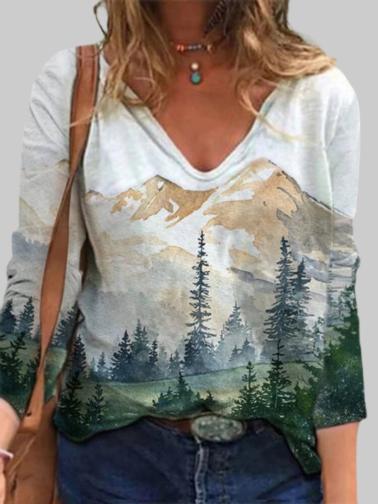 Landscape Print Casual Long Sleeve Blouse For Women P1738079