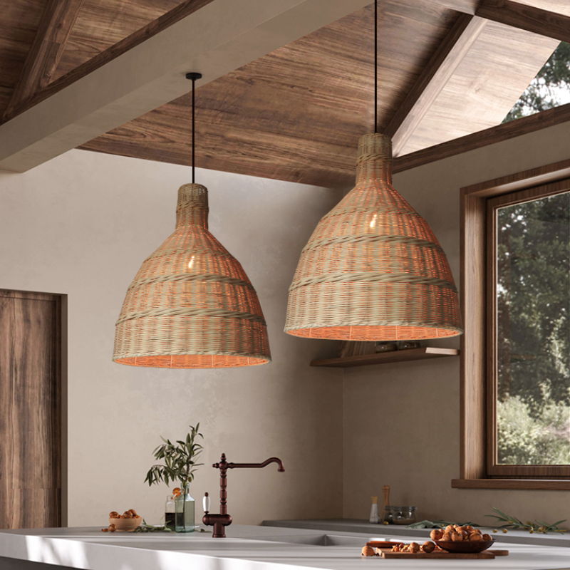 Woven Basket Rattan Pendant Light for Kitchen Island