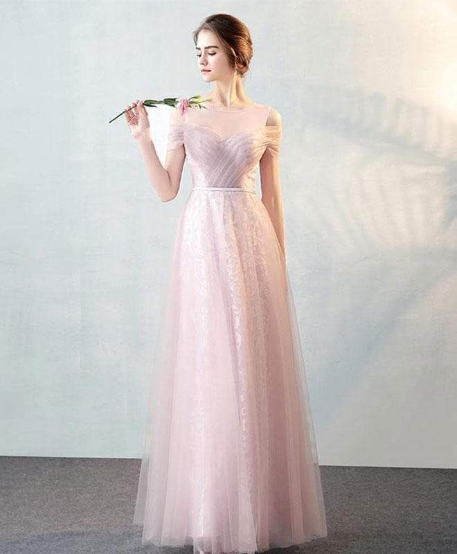Pink Tulle Lace Long Prom Dress, Pink Evening Dress