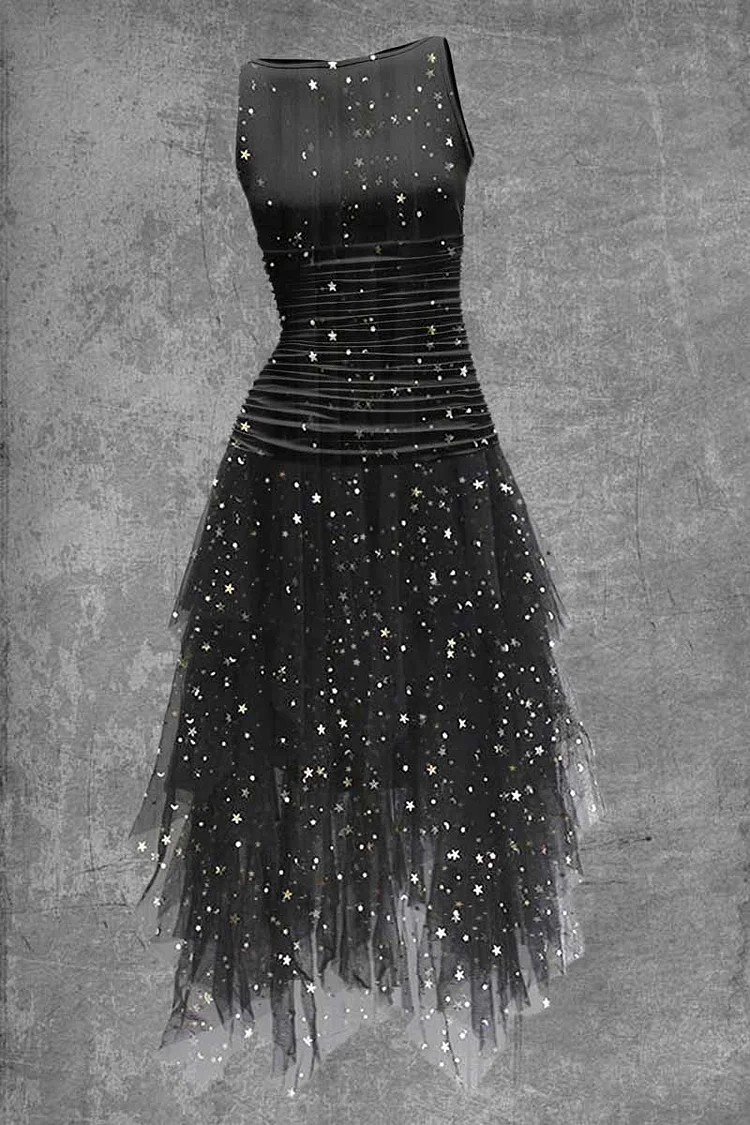 Women's Black Glitter Irregular Hem Sleeveless Midi Dress