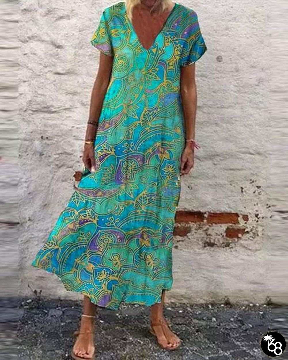 Boho Floral V-Neckline Short Sleeve Maxi Dress | 168DEAL