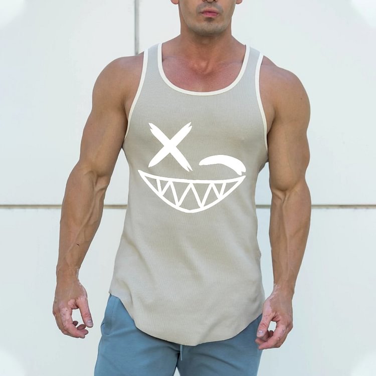 Men's Sports Smiley Print Sleeveless Black Tank Top