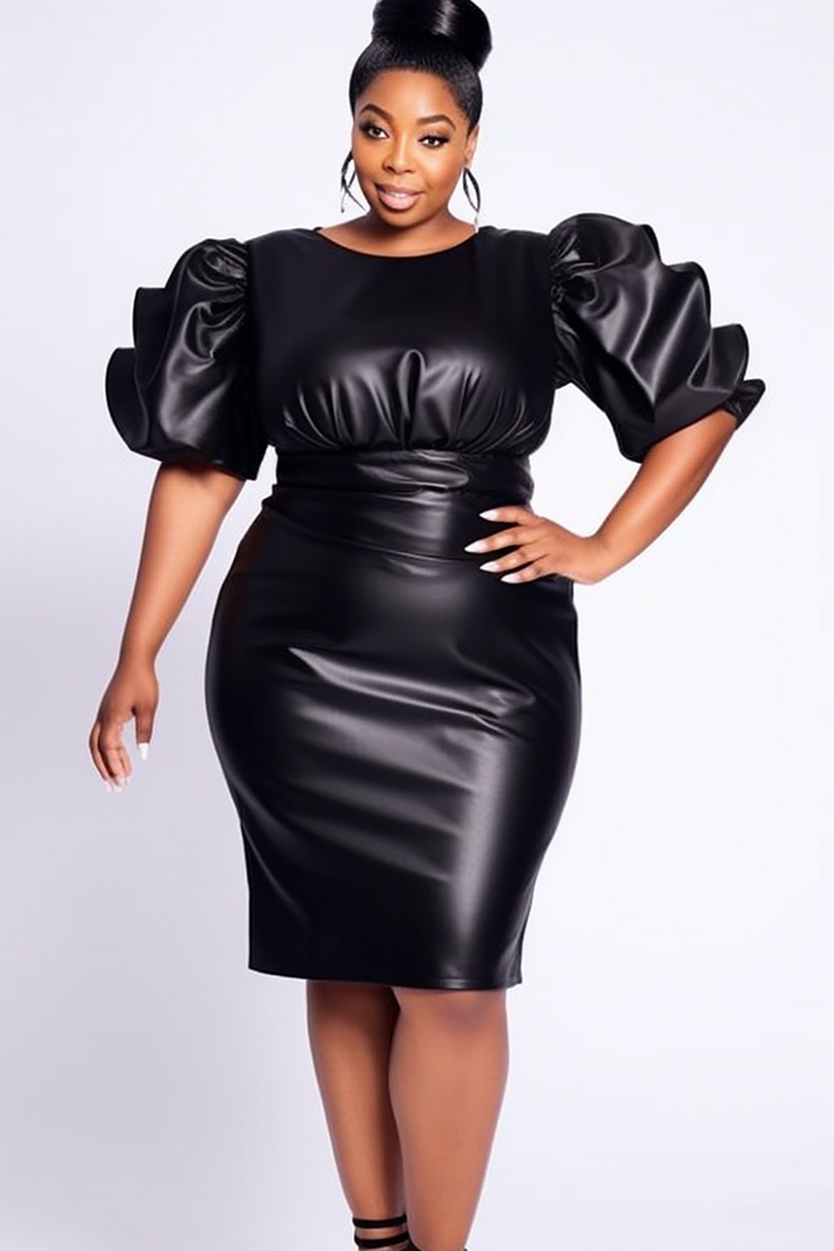 Xpluswear Design Plus Size Party Mini Dresses Casual Black   Crew Neck Puff Sleeve Half Sleeve Fold PU Leather Mini Dresses