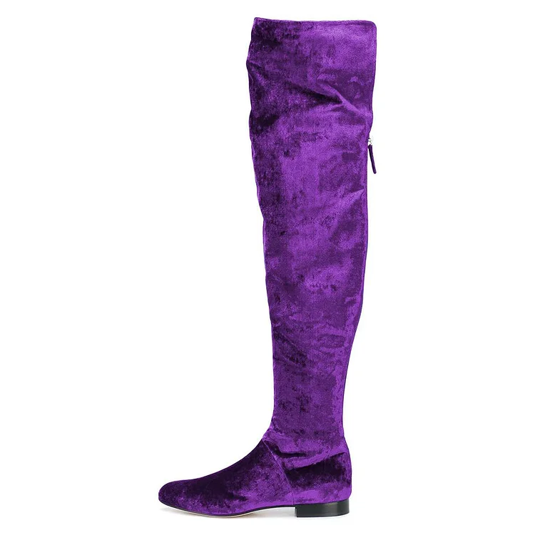 Purple Velvet Round Toe Flat Over The Knee Boots for Women |FSJ Shoes