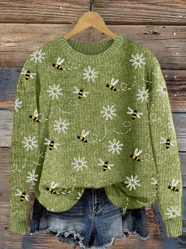 Flying Bees Floral Embroidery Pattern Cozy Knit Sweater