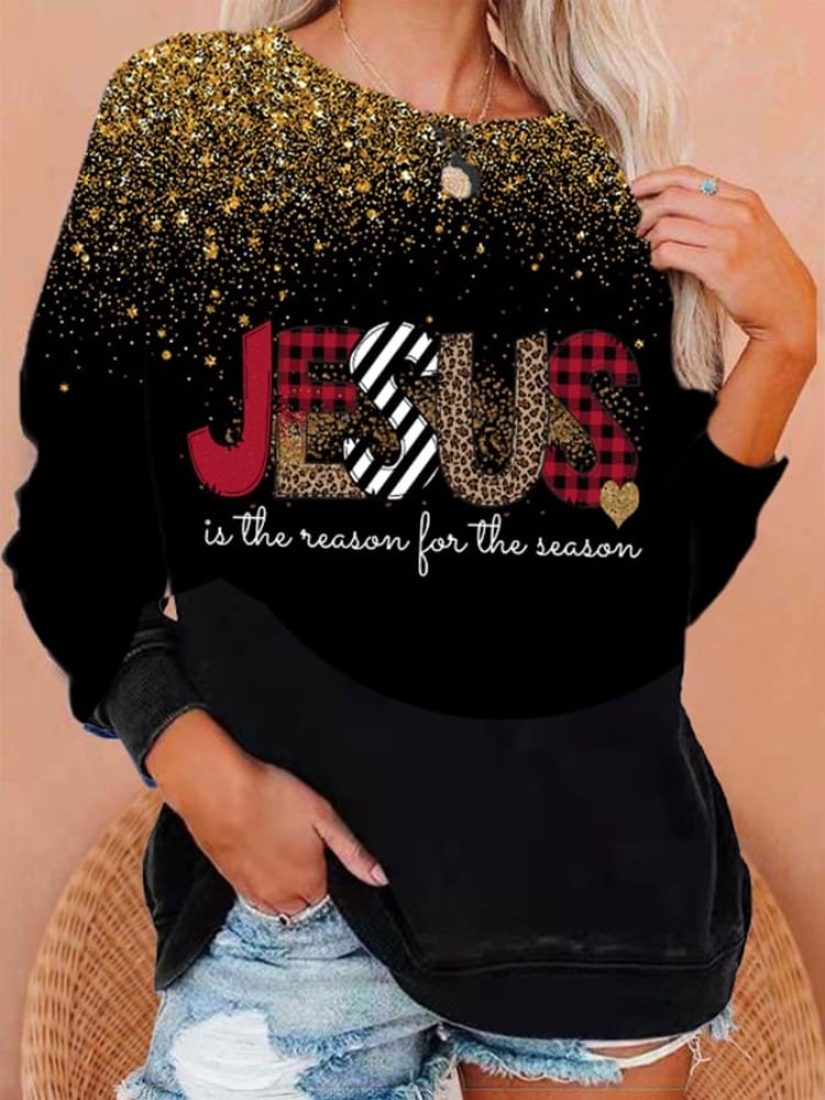 Vefave Faith Jesus Sequin Print Long Sleeve Sweatshirt