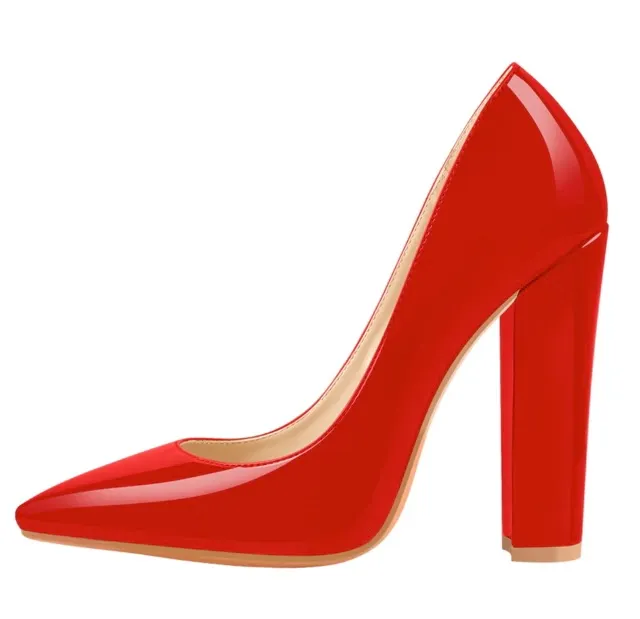 GOOSHOE Red Patent Chunky Heel Pumps with Pointed Toe