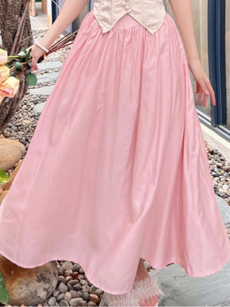 Vintage Elegant Floral Sweet Corset Top + Pink High-waisted Skirt Two-piece Dress PE052