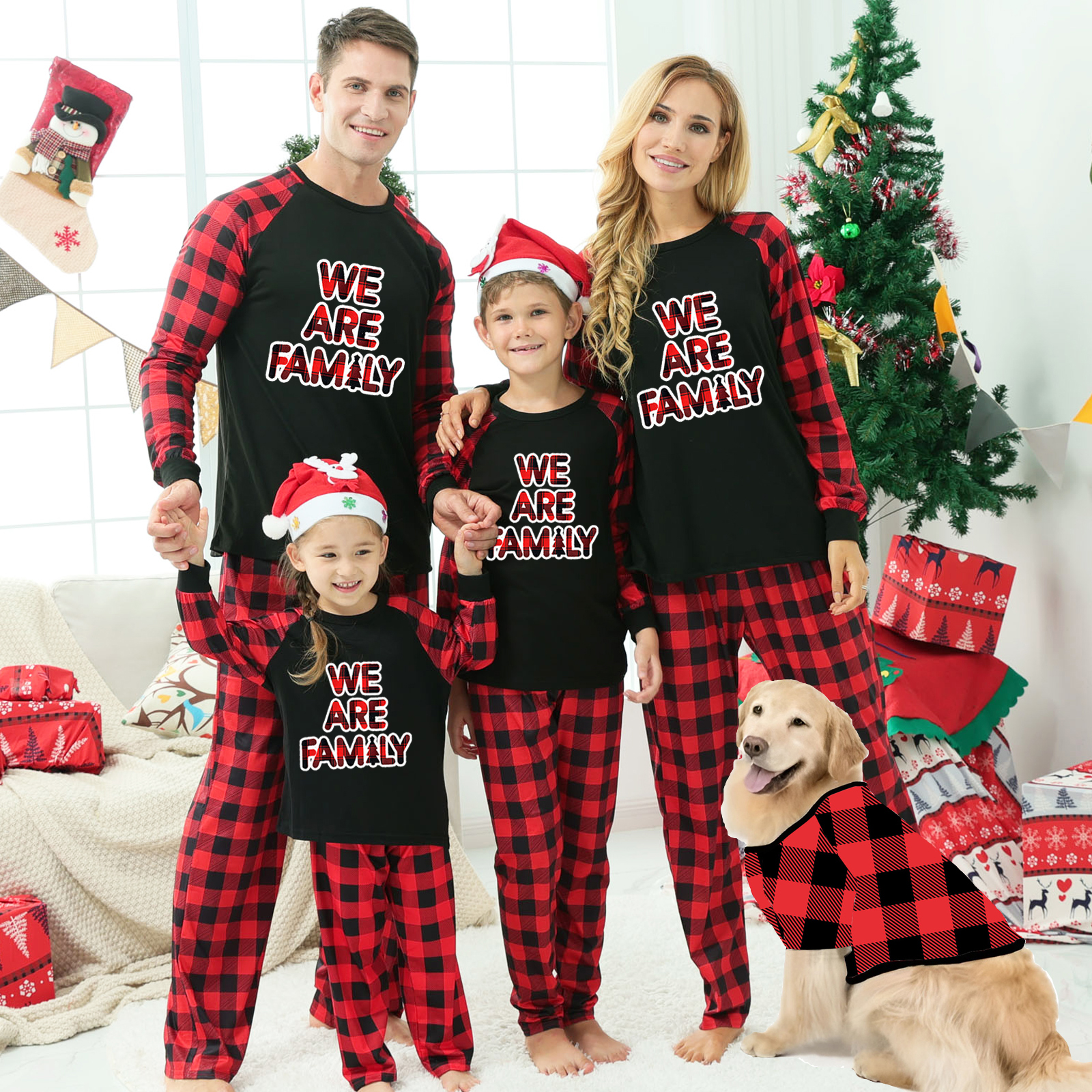 We Are Family Christmas Plaids Family Matching Sleepwear Pajamas Set(Black)