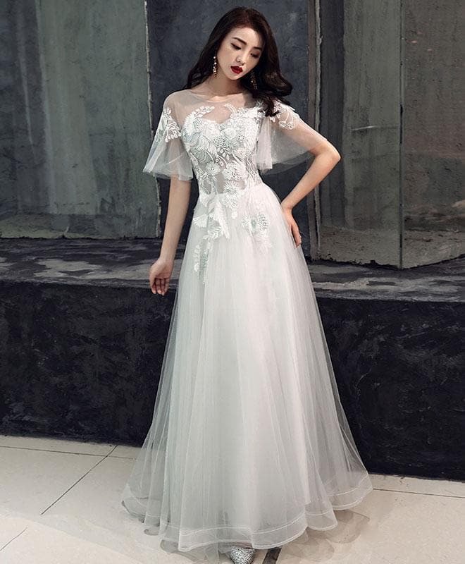 Gray Round Neck Tulle Lace Long Prom Dress, Gray Evening Dress