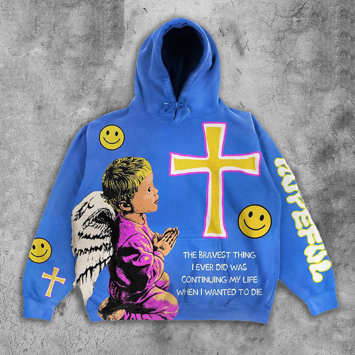 Mens Vintage T-Shirts SAINT Pray of angel Casual hooded sweater