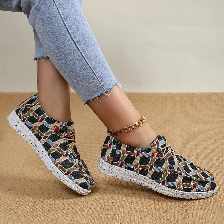 Retro Ethnic Pattern Contrast Color Lace Up Sneakers