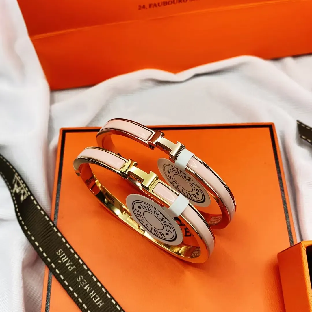 Hermes H Pink Enamel Bangle Bracelet